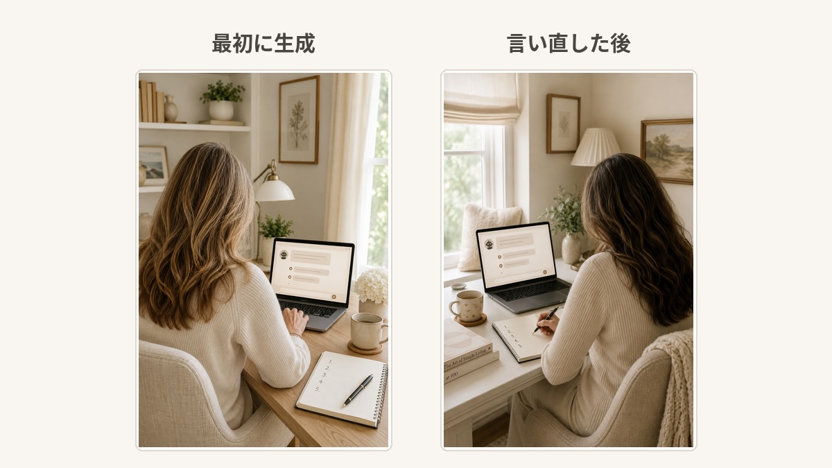 ChatGPTで生成した画像の比較。言い直した後もロングヘアの後ろ姿とデスクの構図が残っている